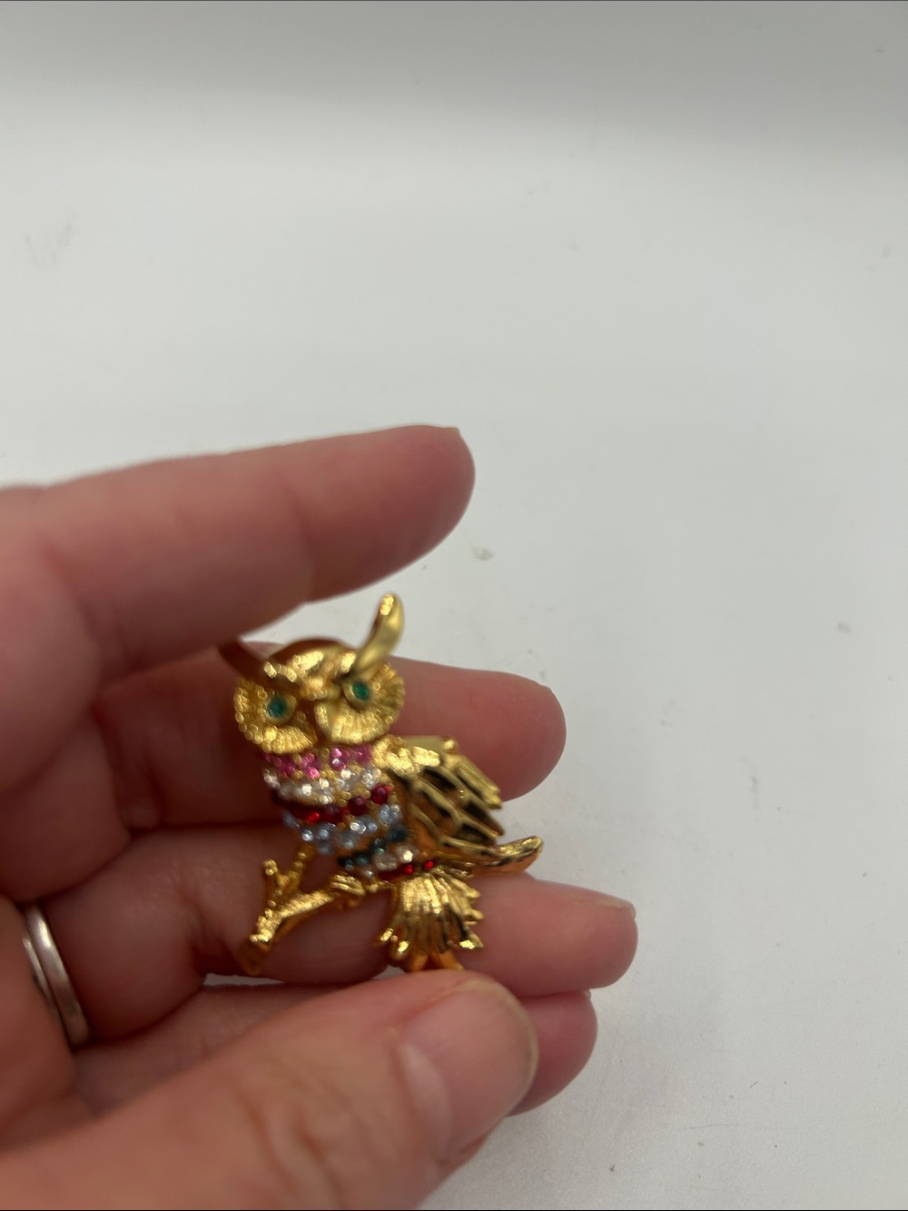 Liz Claiborne Gold Owl Brooch with Pink, Blue, Green Rhinestones